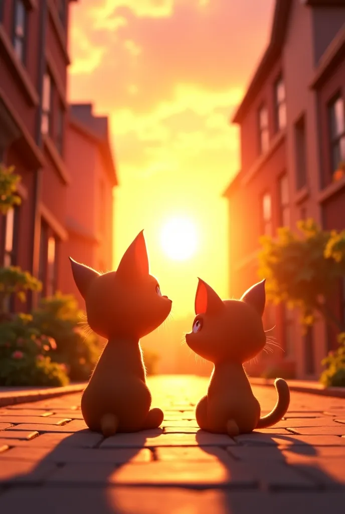 3D anime-style cartoon scene, a sunrise over the alley. **Luna sits quietly beside Whiskers**, looking up at the sky. The first warm rays of sunlight touch their fur. A soft breeze rustles Whiskers’ fur. The atmosphere is **peaceful yet deeply moving, capt...