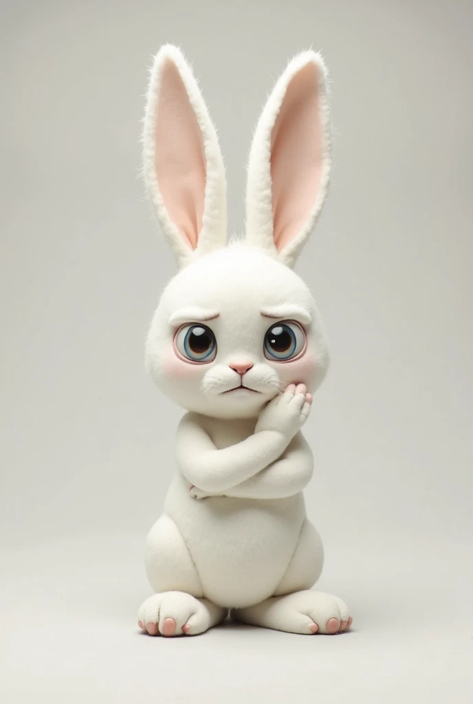 • Bitter Bunny but with big eyes and cuddly:
o color:  The white , with very subtle contours in light gray.
or expression : It presents furrowed eyebrows, the mouth in a straight line or slightly downward, and a look that conveys disinterest or discomfort....