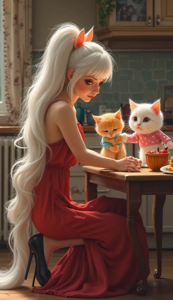 ".,  fair skin , And long, flowing white hair designed in the form of a high horse tail.  wears , red dress without sleeves, highlighting her graceful figure, and an elegant black high heel kneeling next to her. Two ren, Basir , A little orange cat wearing...