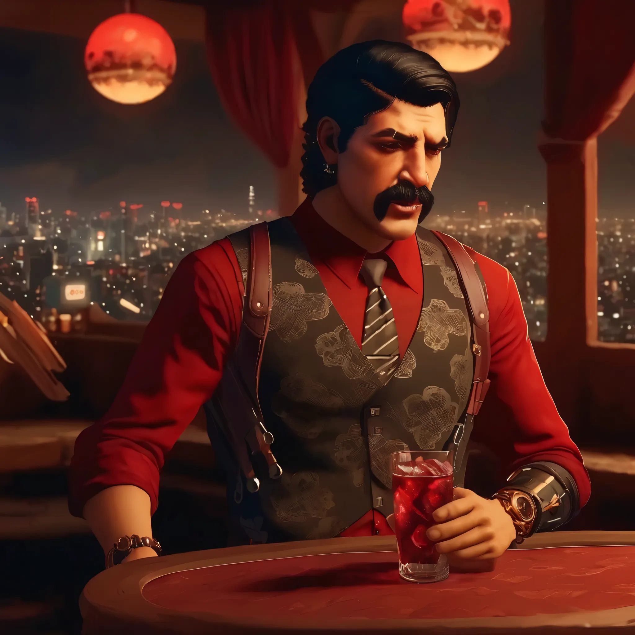 score_9, score_8_up, score_7_up, 1 boy, penthouse with views of Tokyo, (((indoor, night))), sit, having a drink, the Nahualli , Serious, dangerous man, elegant, elegante, He's a gangster, black vest, red shirt, ((( realistic ,  Detailed , photo realistic )...