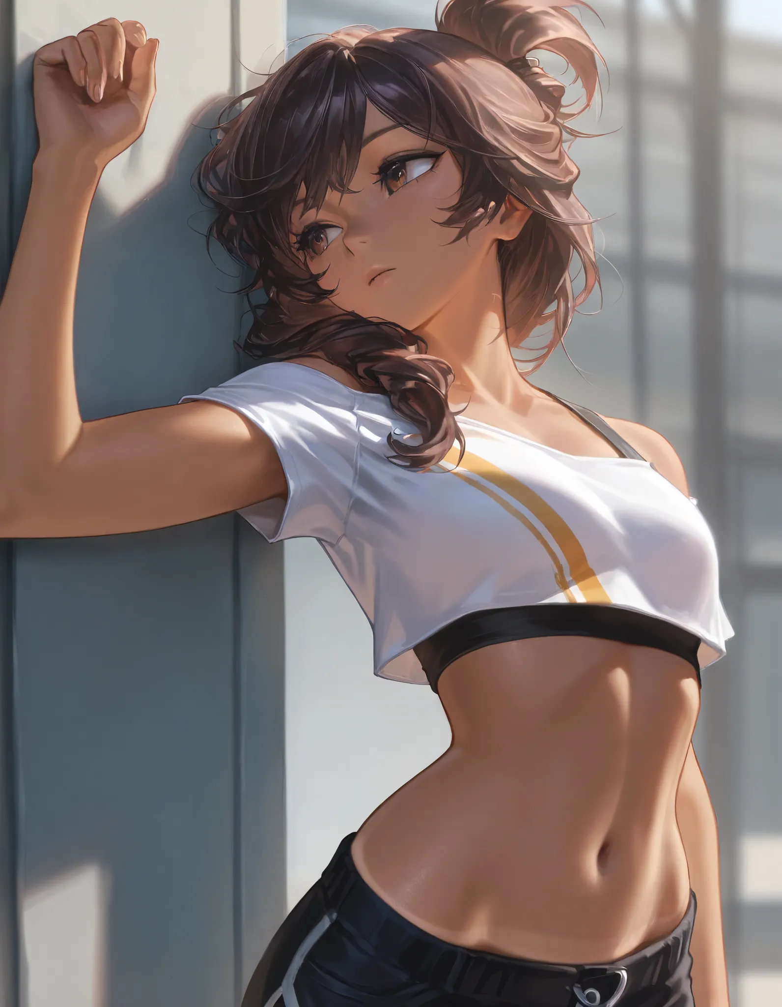 Score_9, Score_8_up, Score_7_up, Score_6_up, masterpiece, portrait, best quality, upper body, 1female, wide hips, short stature, tanned skin, brown eyes,  brown curled tied hair, wearing a crop top, shorts, L0LSPL4SH,