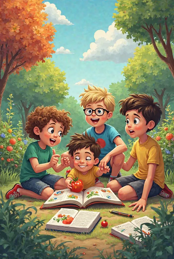 ¡

1 . **Vignette 1:**
   - **bottom:** A sunny garden with colorful trees and flowers.
   - ** characters:** Four ren sitting on a. 
     - **Sara:**  with curly hair,  wearing a green t-shirt .
     - **Leo:** with glasses, short hair and a blue t-shirt....