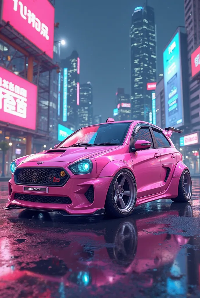 A trendy pink car from the 2000s , cartoon 