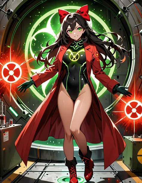 masterpiece, best quality, 1girl, solo, tall body, scientist, mad scientist, ((red lab coat)), (green leotard), (bare legs), (red bow, hair bow), bare legs, (ankle-high boots, red boots, matching boots), (gloves, green gloves, matching gloves), (jet black,...