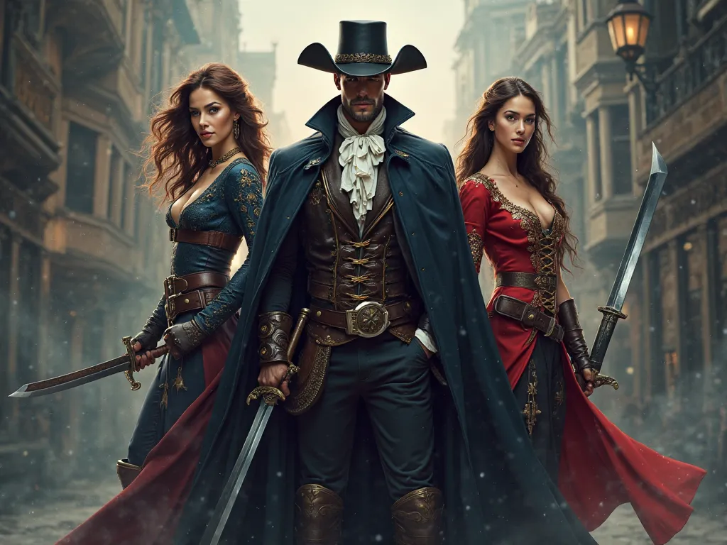 I want an image of three musketeers a man two girls that is not realistic and is for the cover of a security company