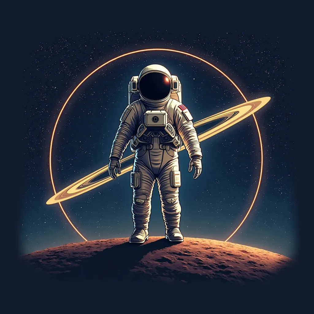 I want an image of a man dressed as an astronaut on the planet Saturn that is in a galaxy environment and all over the center of the image the name of" HANDS OF SATURN"in large letters, bright navy blue and gold borders, all in a modern space environment