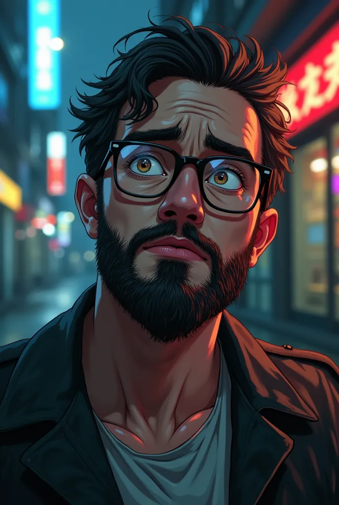 masterpiece, hurt guy with short full beard and glasses, 2020s, anime, screencap, cinematic, ultimate details, --ar 16:9 --style expressive -- stylize90 --iw 0.75 --niji 5