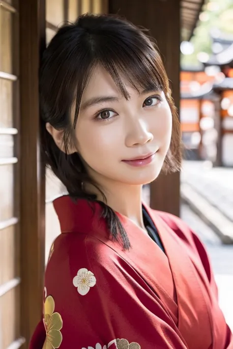 1 girl, ( red kimono :1.2),  Very Beautiful Japanese Idol Portrait , 
(RAW photo, highest quality), (realistic, realistic:1.4), (masterpiece), 
very delicate and beautiful, very well detailed, 2k wallpaper, wonderful, finely, very well detailed CG Unity 8K...