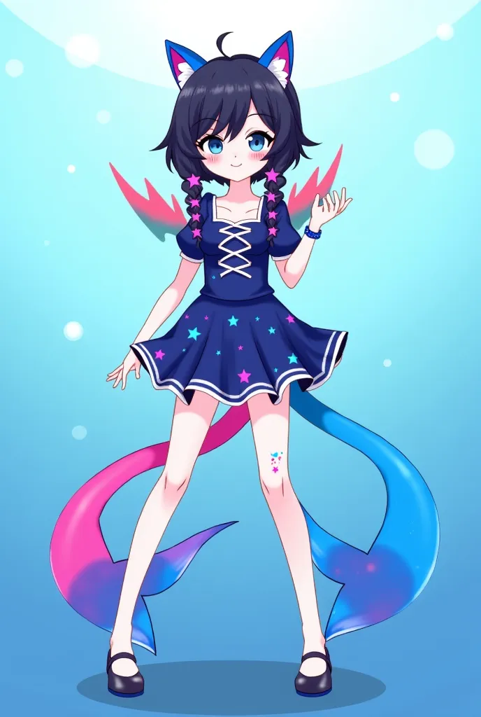 /dream prompt:score_9, (rating_safe), adopt, adoptable, oc, reference,  fullbody, female, dark hair, white eyelashes, blue eyes stars, cat ears, stingray pink into blue fins, long pink blue tail, cute, pink blue tattoes marks, laces, dress interesting,  pu...