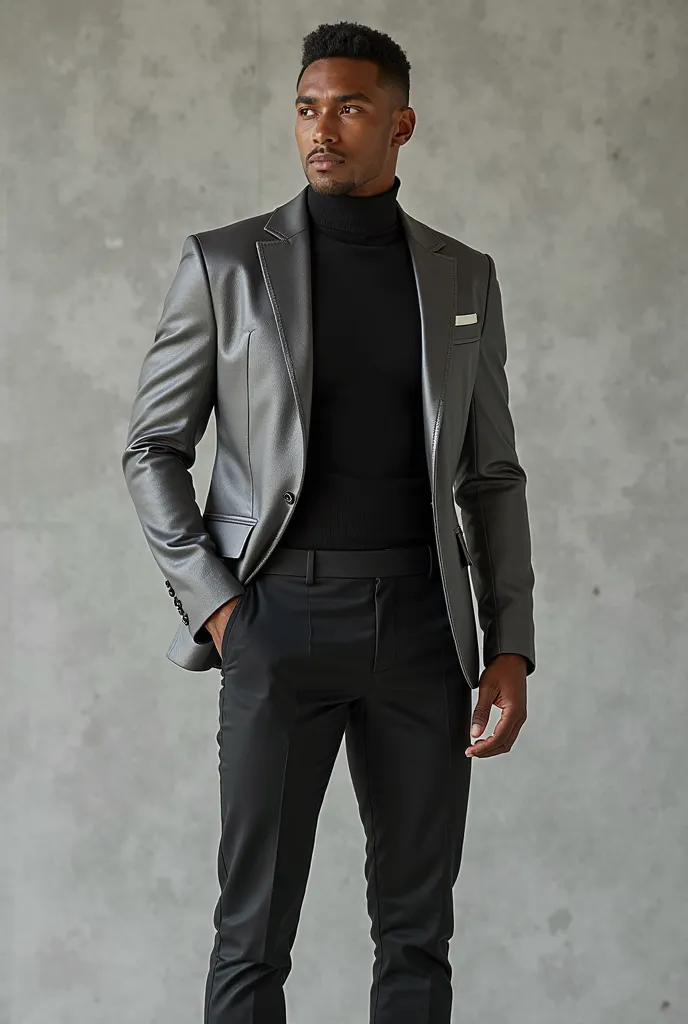 Design an elegant and sporty men's outfit with combined silver and black colors