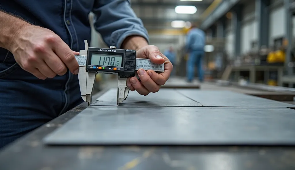 "A close-up of a technician measuring a stainless steel shim stock sheet with a digital caliper, ensuring precise thickness for mechanical alignment. The industrial workspace in the background emphasizes the importance of accuracy in engineering applicatio...