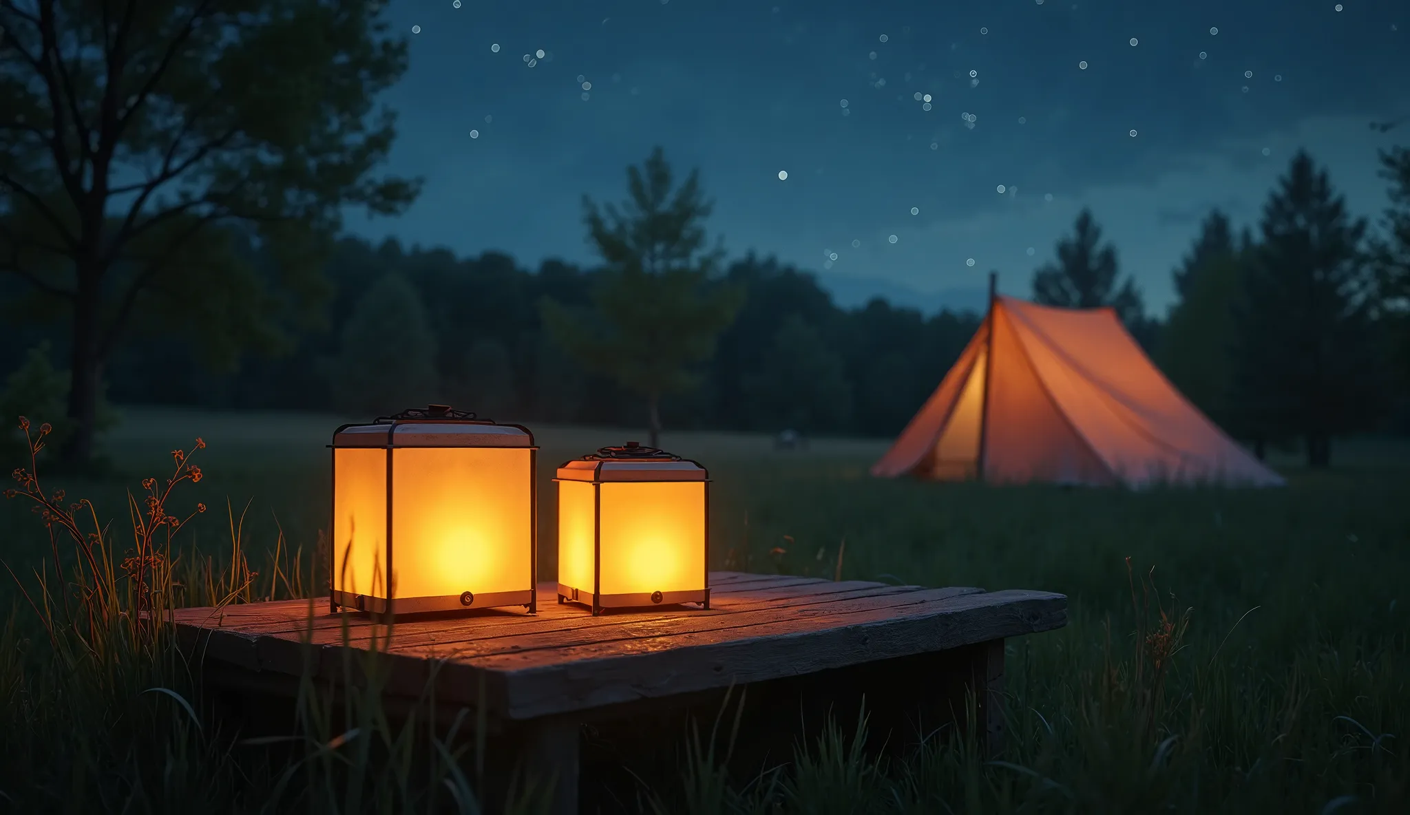 Cinematic art quality picture，camping lights，Aerial view，Two square outdoor lights，placed on a wooden board table。outside of the picture，illuminates the table and the surrounding grass。两个camping lights，The distance is closer，night atmosphere to create a se...