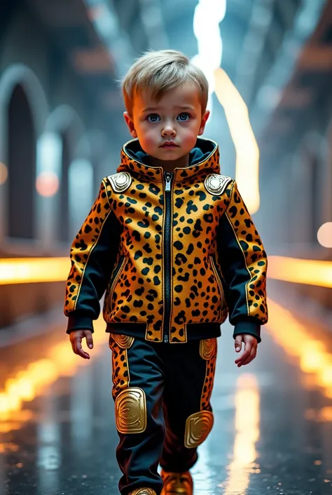 8K Ultra Quality - A baby cute face in a sleek golden and black cheetah-print jacket with metallic gold armor details, walking on a high-tech futuristic runway, with lightning effects flashing behind, representing speed and power.