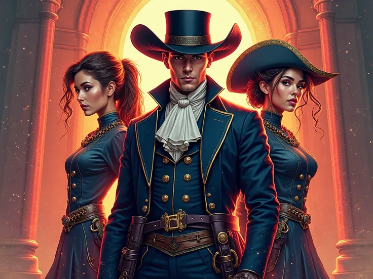 I want an image of three musketeers a man and two girls that is not realistic and is for the cover of a security company