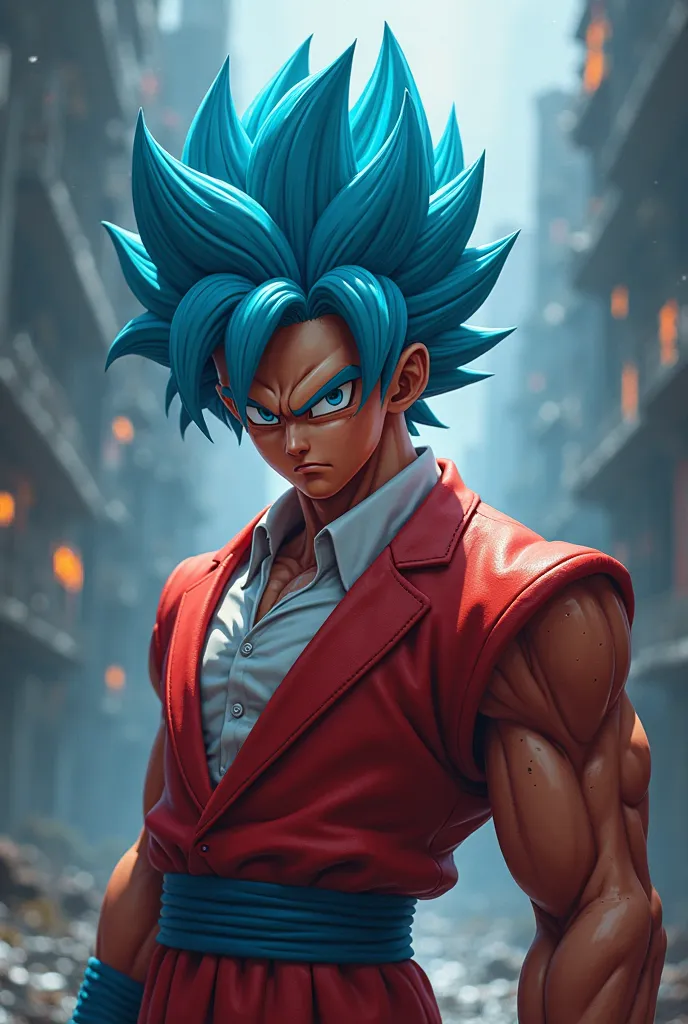 Blue-haired Goku in a red suit surprises with hate