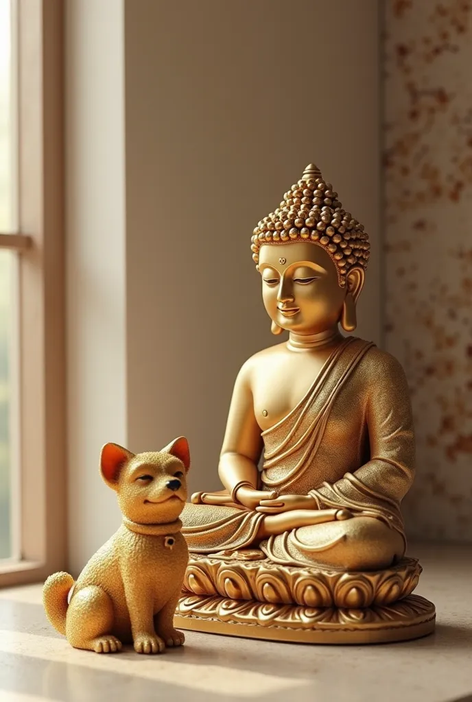 The golden dog figurine is very cute. Standing next to it is a majestic Buddha statue