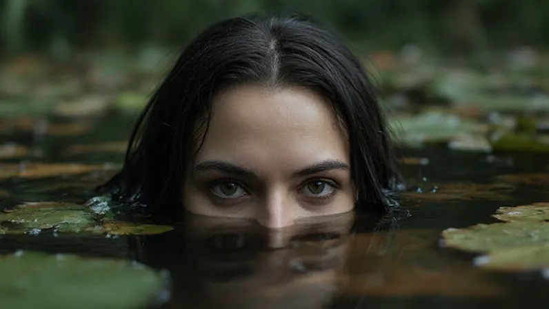 Cinematic style photography, Digital Medium .  Close-up of a woman partially submerged in the water with intense ,  expressive eyes peeking above the surface . Dark, streamlined hair combed back, reflecting natural light . The surrounding environment prese...