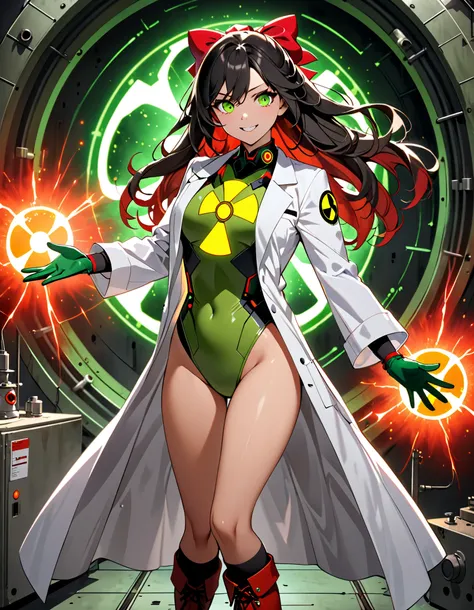 masterpiece, best quality, 1girl, solo, tall body, scientist, mad scientist, ((white lab coat)), (green leotard), (bare legs), (red bow, hair bow), bare legs, (ankle-high boots, red boots, matching boots), (gloves, green gloves, matching gloves), (jet blac...