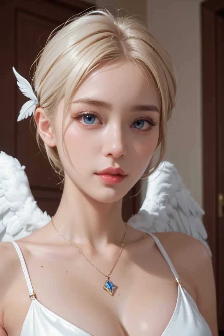 A girl who is half angel and half human,easygoing face,girl's room,full body,View from below ,angelic costume