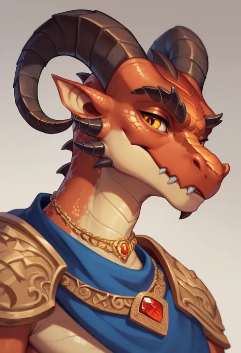 Ultra Detailed, Masterpiece, Best Quality, Dragonborn, Epic, 1guy,  Fantasy, Dungeons and Dragons, amber eyes, ornate ceremonial robes, curved black horns, black claws, gold red and orange scales, kobold, curved horns, small gemstone necklace