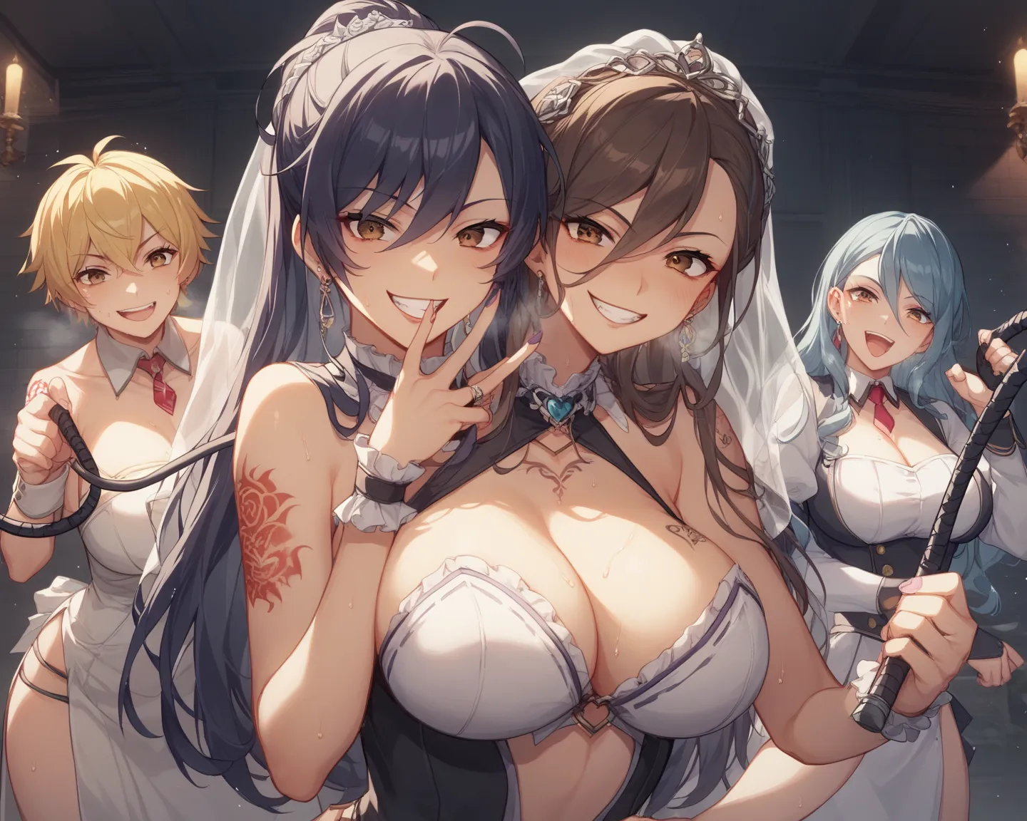 The background is a dark basement made of bricks 、3 women in their 20s with big breasts 、 Brown Eyes  、Yakumo Beni,   She's wearing a wedding dress、They have long whip in their hands、composition showing the floor from the ceiling 、cute anime style picture,...