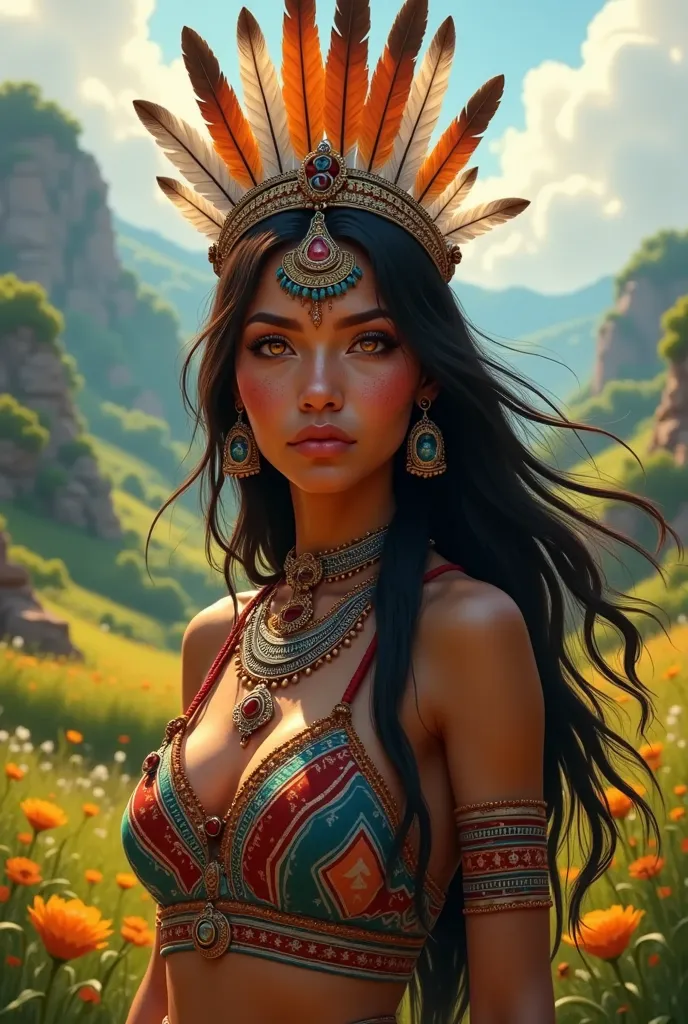 native American, the era of colonization, Aztecs, Maya, Incas, woman, with long black loose hair, dark skin, golden eyes, feather ornaments, traditional Inca coloring, traditional Maya clothing, fields on the background.