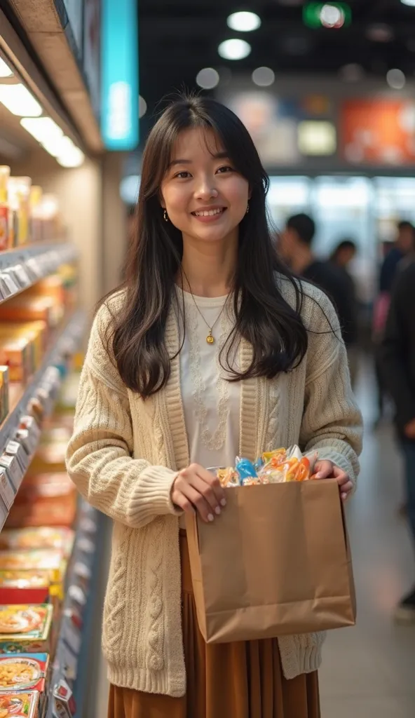 Real photo-style high image quality Japanese woman in her 40s
old cardigan long skirt
The length of the hair on the shoulders, black
A happy expression with free samples from supermarkets packed tightly in a bag
Background free sample corner looks like a l...