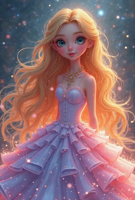 beautiful girl, puffy tiered ballgown, vibrant pastel colors, (colorful), glowing golden long hair, magical lights, sparkling magical liquid, inspired by Glen Keane, inspired by Lois van Baarle, disney art style, by Lois van Baarle, glowing aura around her...