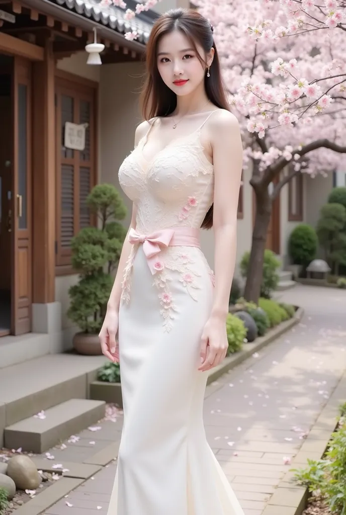 a woman standing elegantly in an outdoor setting adorned with cherry blossoms. She is wearing a fitted, ivory-colored gown featuring delicate floral lace details on the bodice and a soft pink bow around her waist. The dress has thin straps and flows gracef...