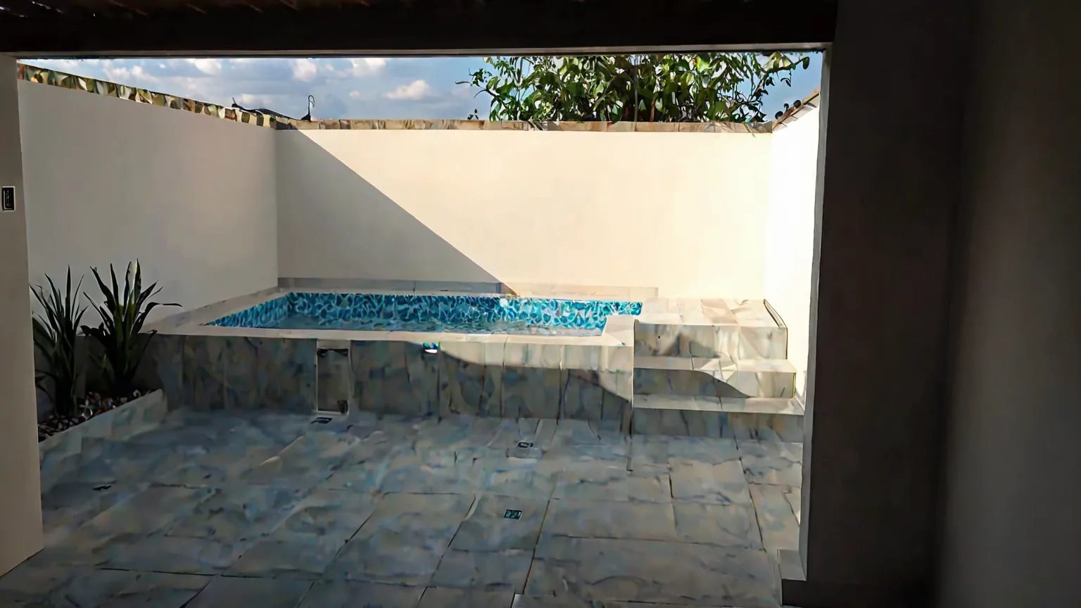 Make a 3D image faithful to this image, insert a satin botanic coating on the front wall, insert beautiful plant pots on the sides and make beautiful lighting in the pool, without altering any present item.