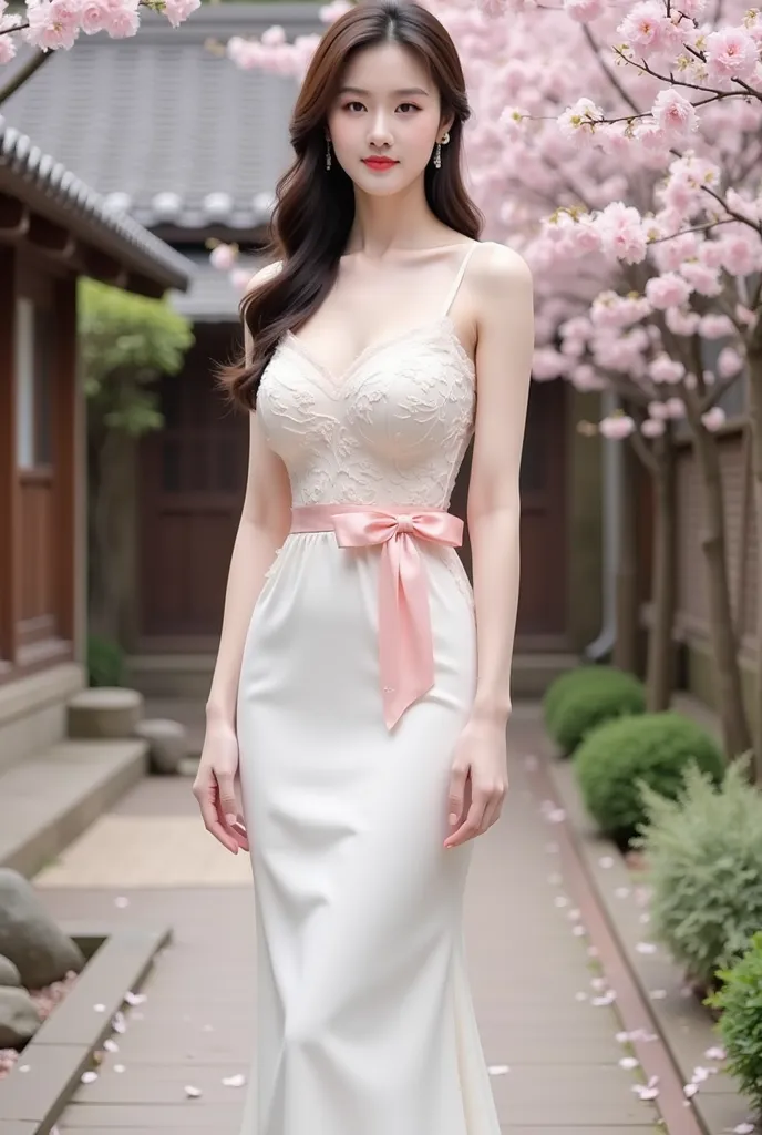 a woman standing elegantly in an outdoor setting adorned with cherry blossoms. She is wearing a fitted, ivory-colored gown featuring delicate floral lace details on the bodice and a soft pink bow around her waist. The dress has thin straps and flows gracef...