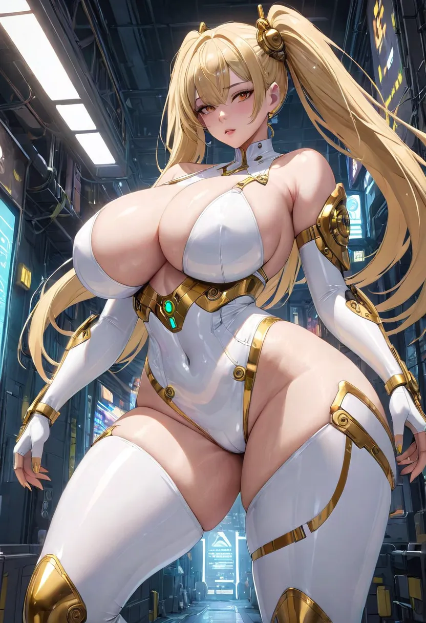 Female character wearing white clothes gold latex details, cyberpunk (gigantic breasts)