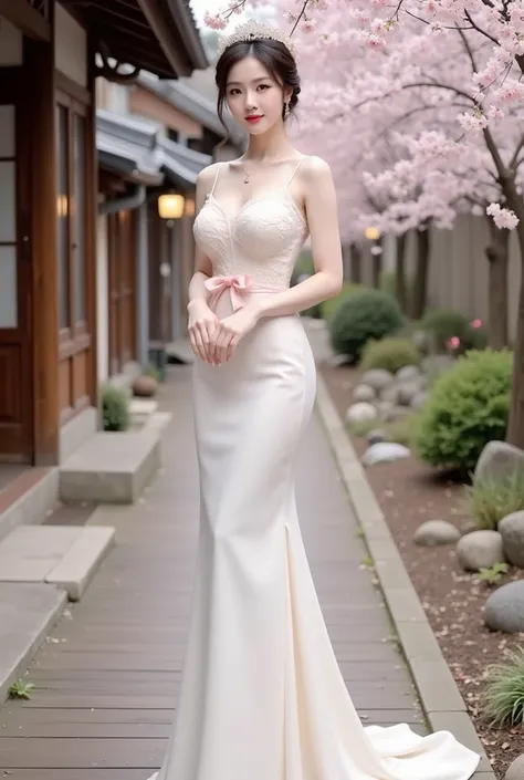 a woman standing elegantly in an outdoor setting adorned with cherry blossoms. She is wearing a fitted, ivory-colored gown featuring delicate floral lace details on the bodice and a soft pink bow around her waist. The dress has thin straps and flows gracef...