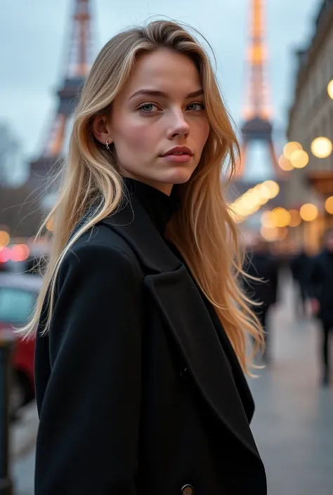 A young and elegant woman with fair skin and long blond hair, wearing a stylish coat and modern outfit. She has clear eyes and a captivating look,  with a serene and confident expression . The image should capture her entire body in a photorealistic settin...