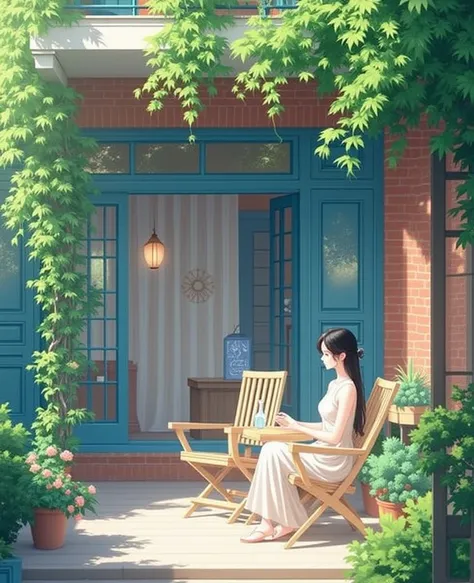 pa311.A beautiful and perfect photo of a bright and serene outdoor patio scene in a suburban setting, with a red-brick house and blue-framed windows and doors. The patio is furnished with simple wooden chairs and a table, surrounded by well-kept greenery, ...