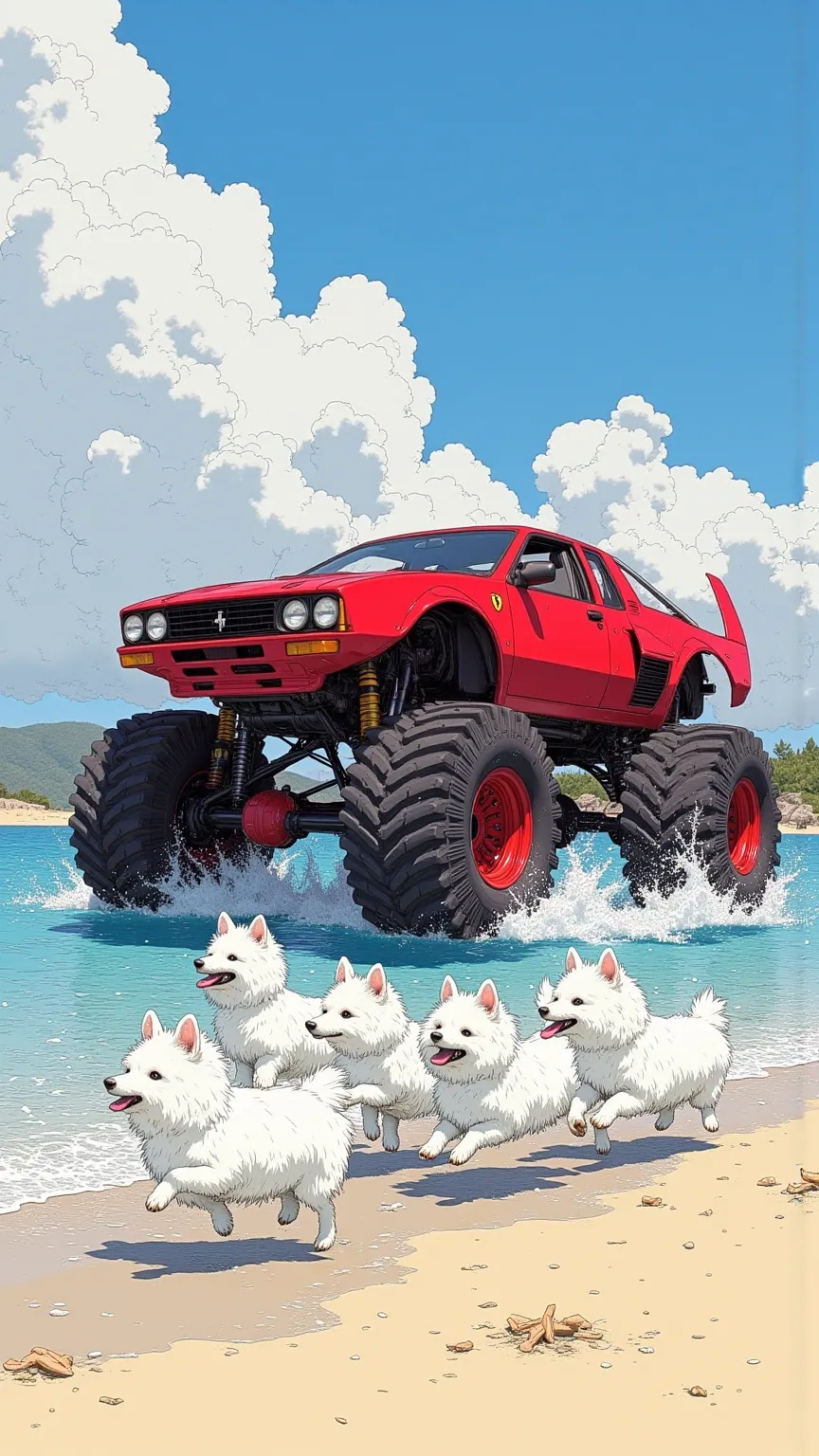 Monster truck using a red Ferrari F40 body、Dynamic image inspired by Matsumoto Taiyo,   Digital Coloring  ,  1,980s アニメ style ,    Official Illustration   , . Concept Art, full color illustration, カートゥーン styleのイラスト、White Pomeranians run together,  Running ...