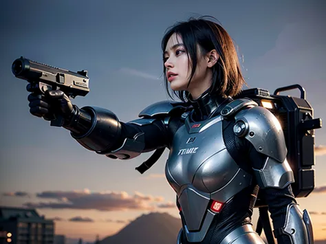 masterpiece,High Resolution, realistic, cinematic lights, A girl in a cyborg suit is standing with a gun , short hair ,future ,