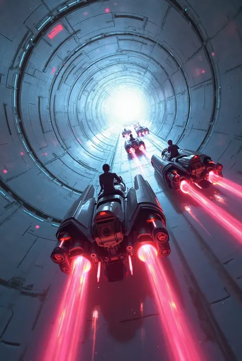 Futuristic hover-bikes race as in video game "Ballistics", inner surface of a giant tube