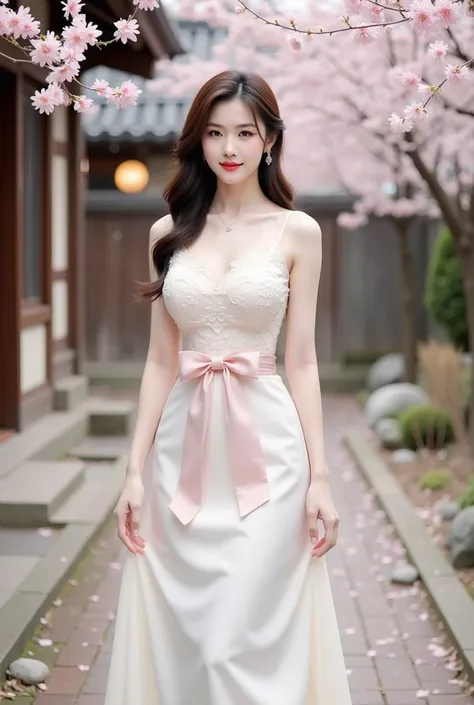 a woman standing elegantly in an outdoor setting adorned with cherry blossoms. She is wearing a fitted, ivory-colored gown featuring delicate floral lace details on the bodice and a soft pink bow around her waist. The dress has thin straps and flows gracef...