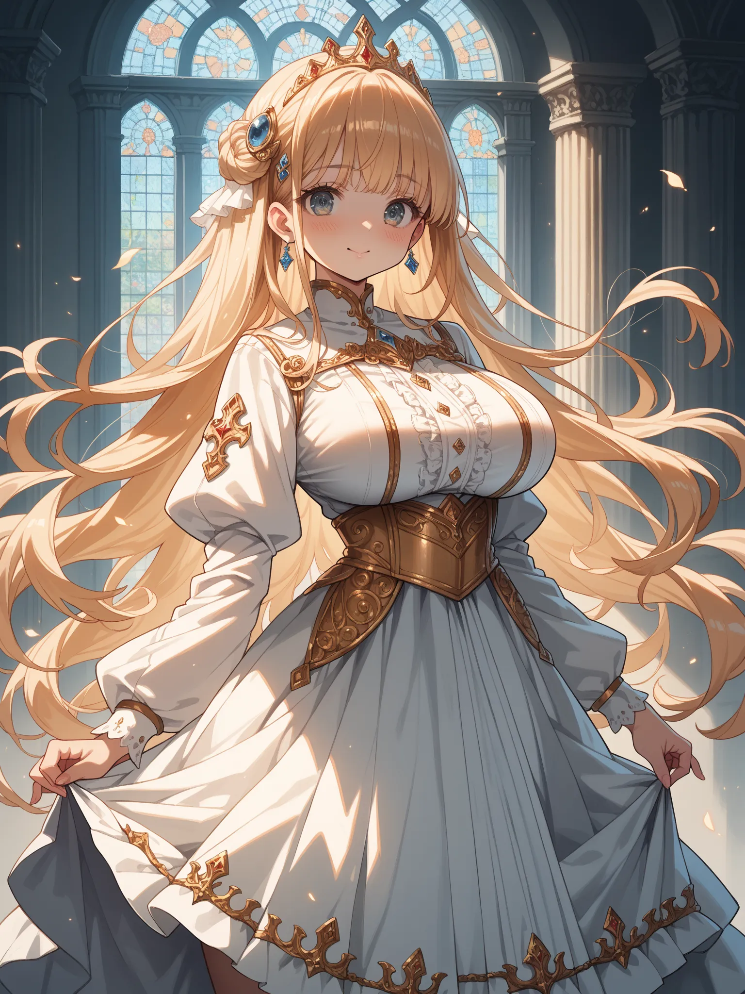 (anime, 2d:1.4), (thin outline, clear shadow edge), royal princess, schoolgirl, juvenile, large expressive eyes, detailed skin texture, light skin, blushing cheeks, sofit smile, detailed very long hair, hair ornament, big tits, huge breasts, Incredibly inf...