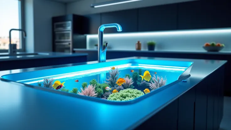 A close view of a futuristic kitchen sink with a built in aquarium