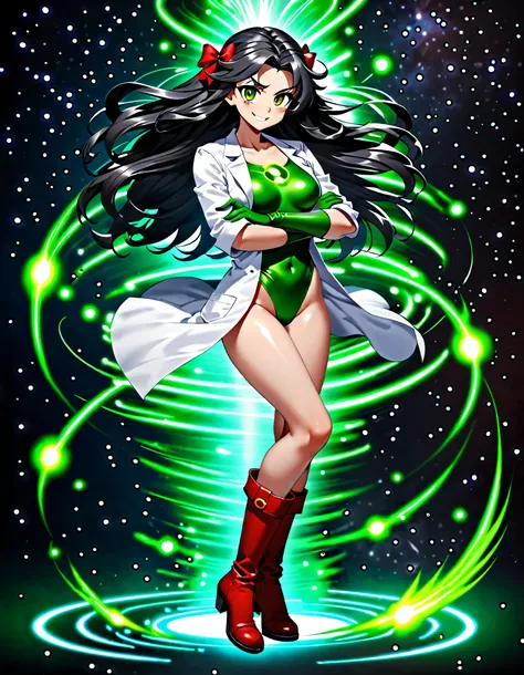 masterpiece, best quality, high res, highly detailed, 8k, 4k, intricate details. 1girl, solo, (tall body), scientist, mad scientist, ((white lab coat:1.15)), (green leotard), (bare legs), (red bow, hair bow), (bare legs), (ankle-high boots, red boots, matc...