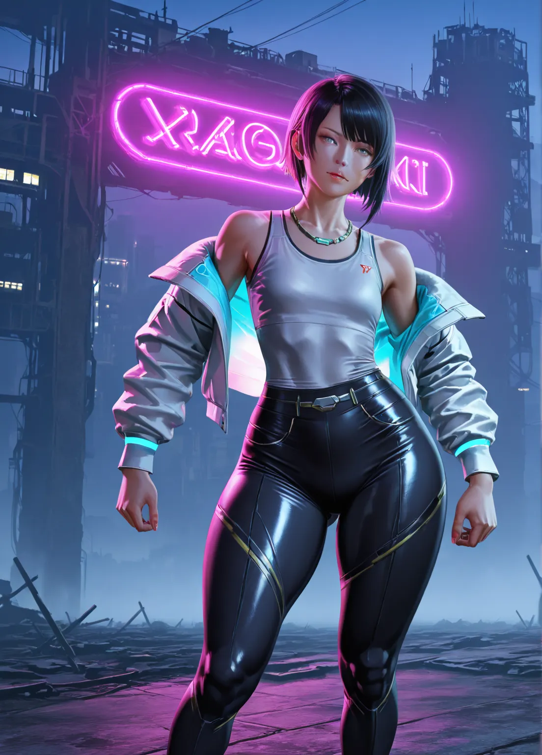 marisa, small breasts, flat chest, wide hips, big ass, wide shoulders, thick toned thighs, formal shirt, white jacket, tight pants, photorealistic, 8K, ultra-detailed, cinematic lighting, sci-fi landscape, dystopian cityscape, neon lights, volumetric fog, ...