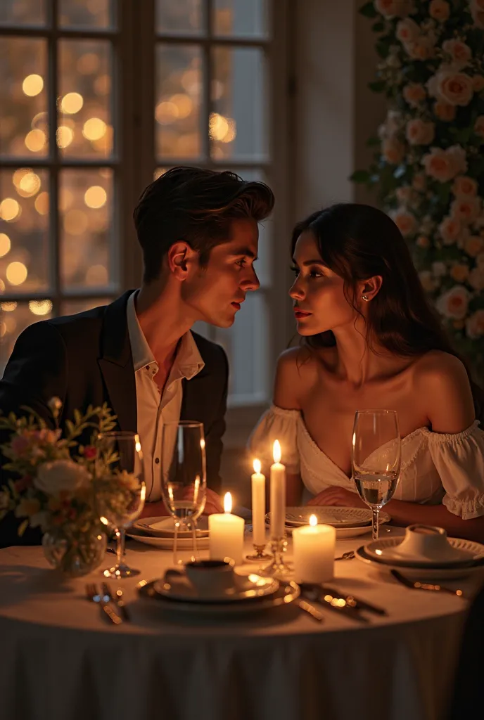 The atmosphere of a candlelight dinner，A man and a woman sit at the table，The atmosphere is romantic and warm