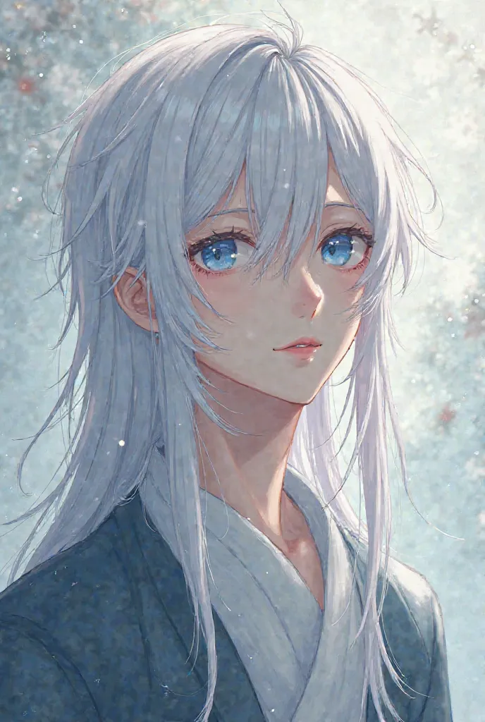 Anime boy character, white hair, long hair,  straight hair, blue eyes, beautiful, design,  Japanese anime .