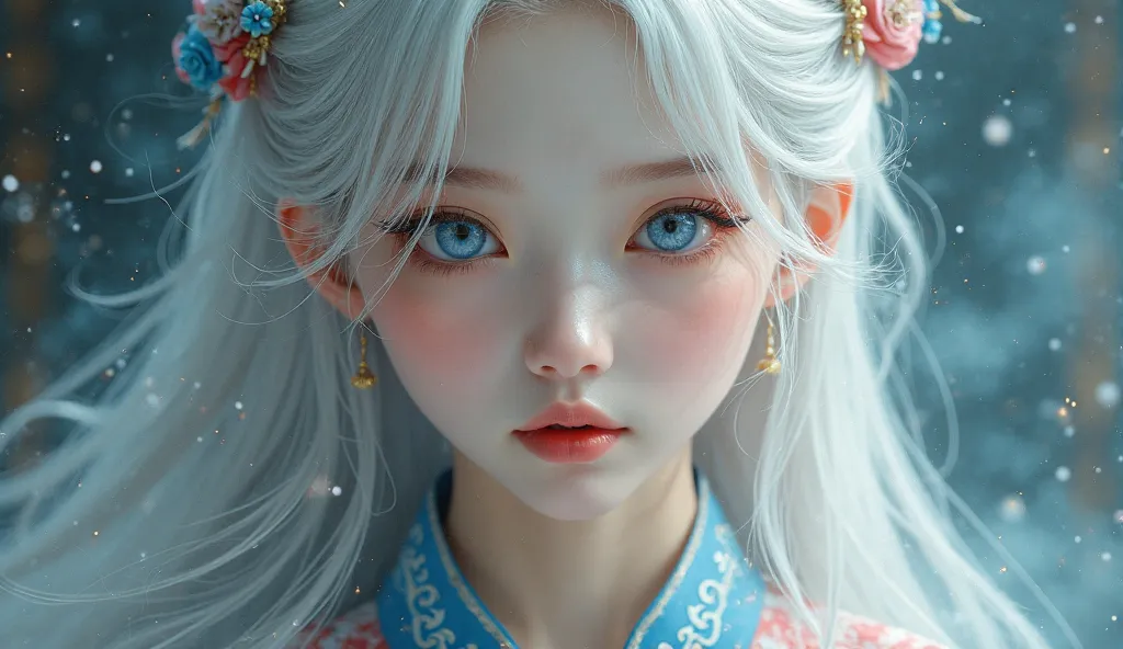 white hair, blue eyse, chinese clothes, girl