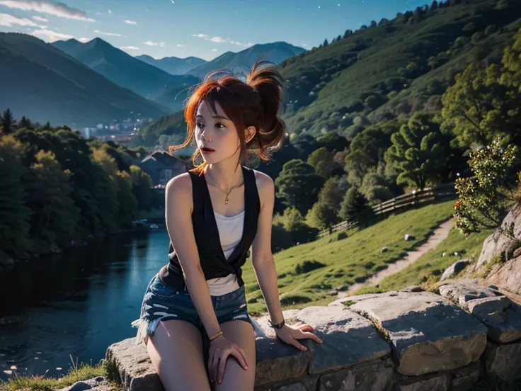 hilda, short hair, orange hair, Slim body,  small bust, short, pretty legs,  mountainous landscape, looking up at the sky,  at night, Constelations,