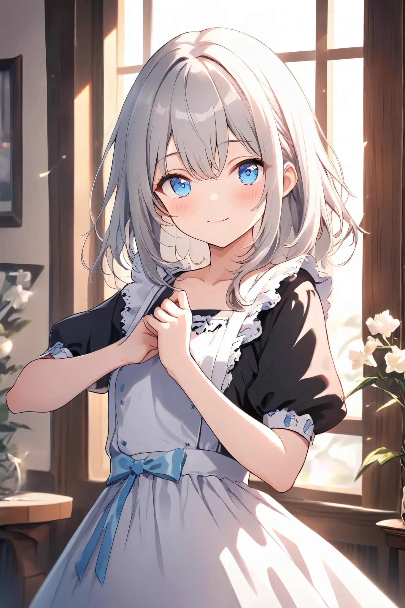 13years old girl, Gray hair, blue eyes, (French-maid dress:1.2), at home, medium hair, flat chest, カウボーイショット, 