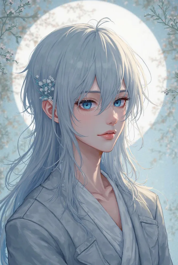 Anime boy character, white hair, long hair,  straight hair, blue eyes, beautiful, design,  Japanese anime .