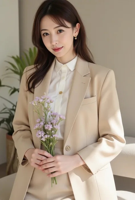 Portrait of Li Hua, young Asian influencer, Age 25, has a modern and elegant style.

ハナの身長teeth ,  dark brown hair with a natural glow ,  rides in soft waves and gently flows off her shoulders . 彼女の目teeth濃い茶色です, radiating warmth and confidence,  Delicate, ...